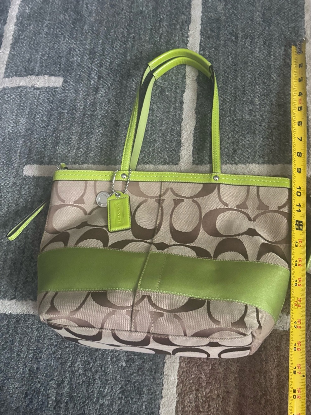 Coach Beige Signature Canvas Tote with Lime Green Trim - Picture 2 of 6